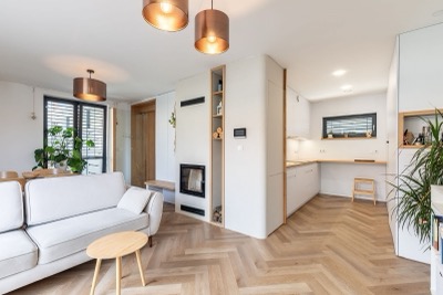 Obývací pokoj s krbem a kuchyňským koutem